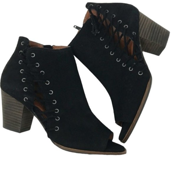 LUCKY Brand Hartlee Open Toe Lace Up Black Bootie EUC sz 10 - Picture 2 of 12
